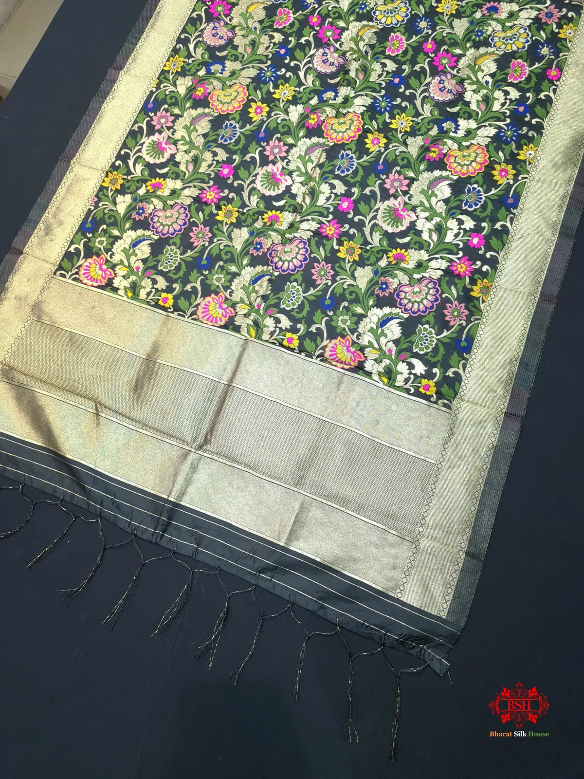 Banarasi Art Silk Jaal Design Dupatta Black - Bharat Silk House Semi-Silk