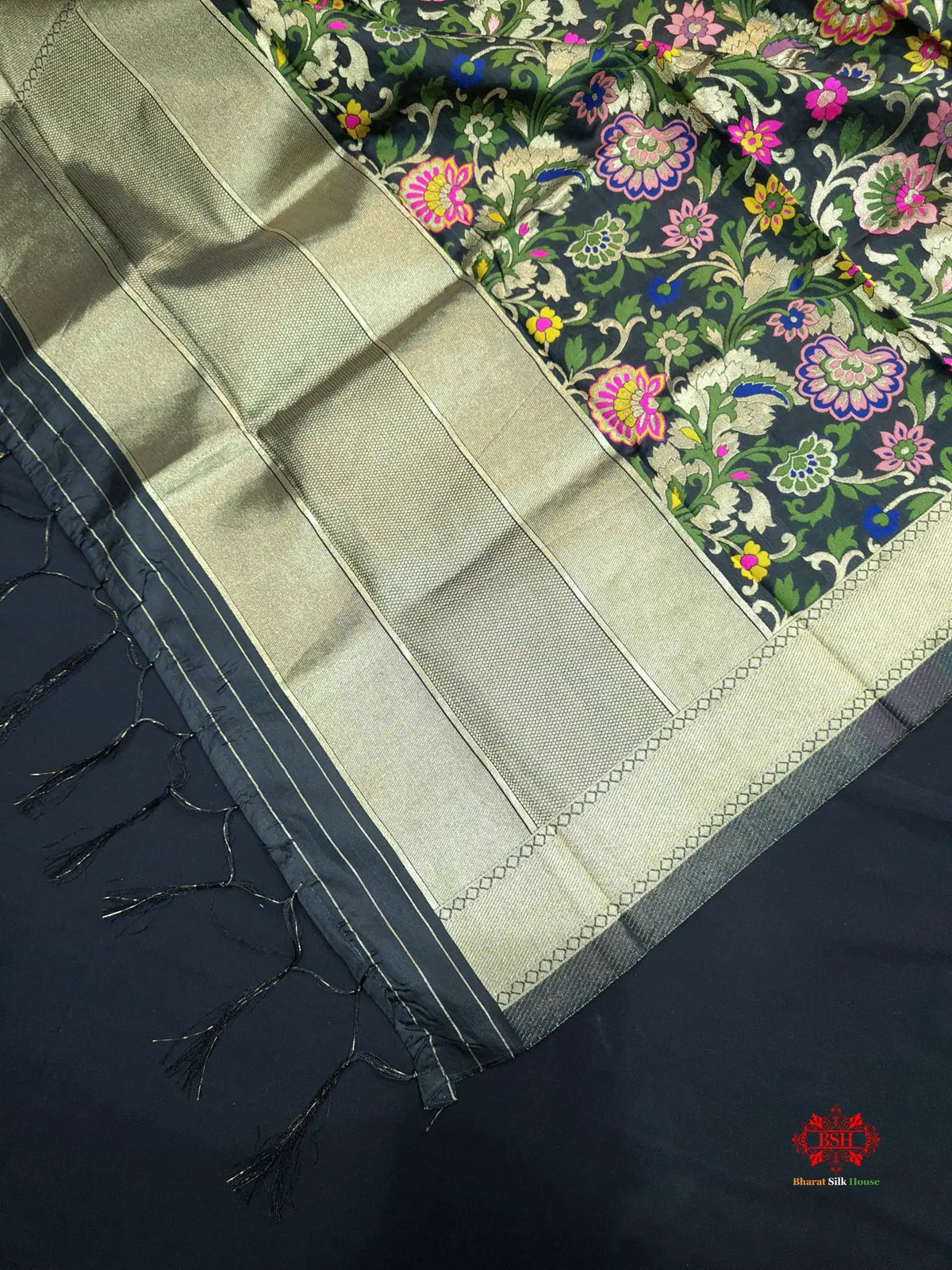 Banarasi Art Silk Jaal Design Dupatta Black - Bharat Silk House Semi-Silk