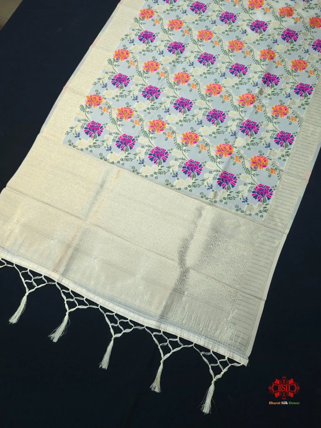 Banarasi Art Silk Jaal Design Dupatta Pista White - Bharat Silk House Semi Dupatte