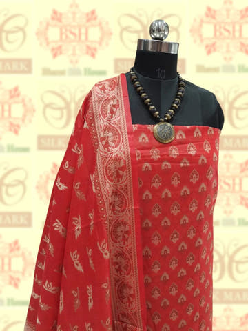 Banarasi Cotton Silk Resham Buti Woven UnStitched Suitset - Bharat Silk House Banarasi Cotton