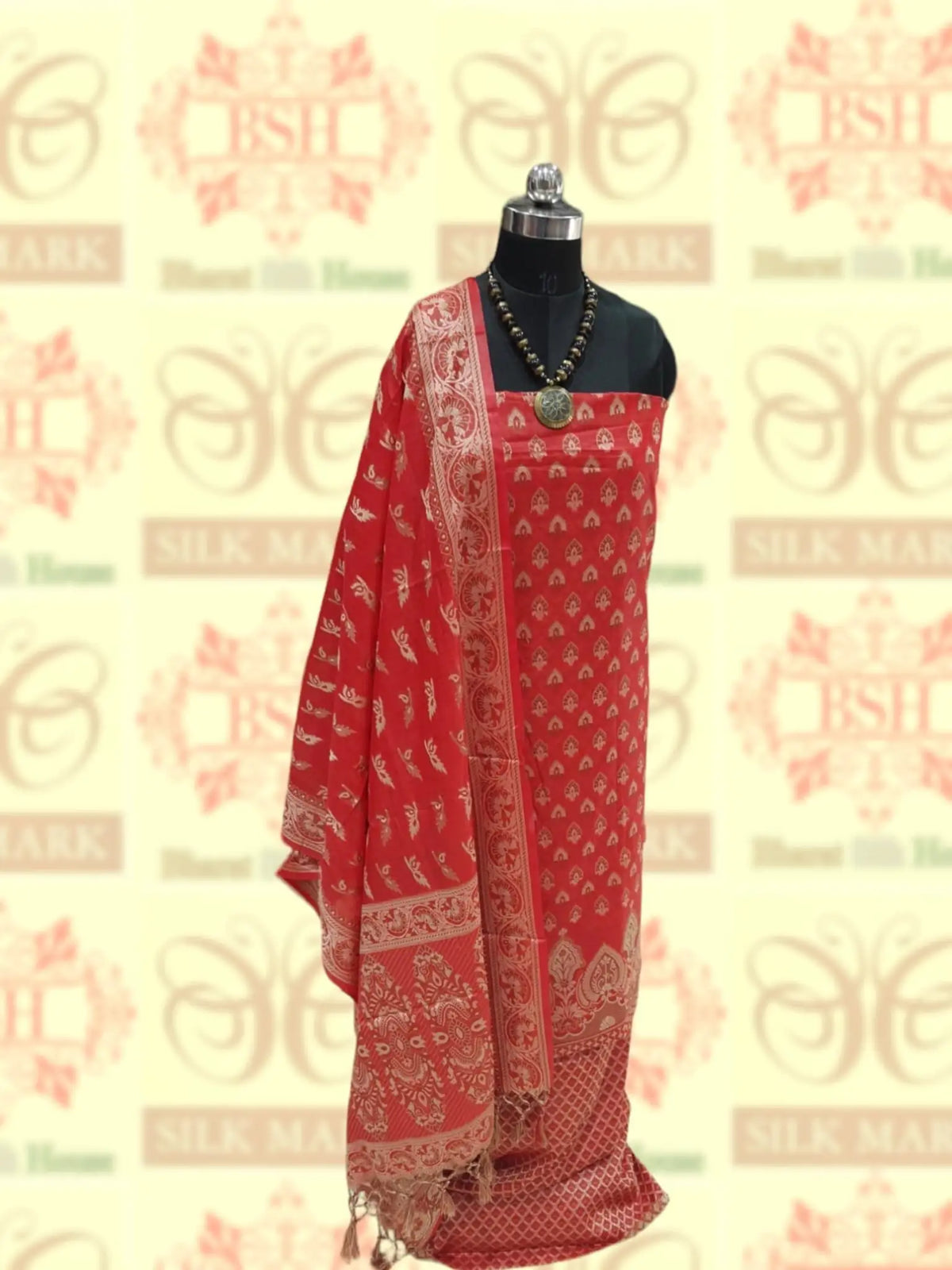 Banarasi Cotton Silk Resham Buti Woven UnStitched Suitset - Bharat Silk House Banarasi Cotton