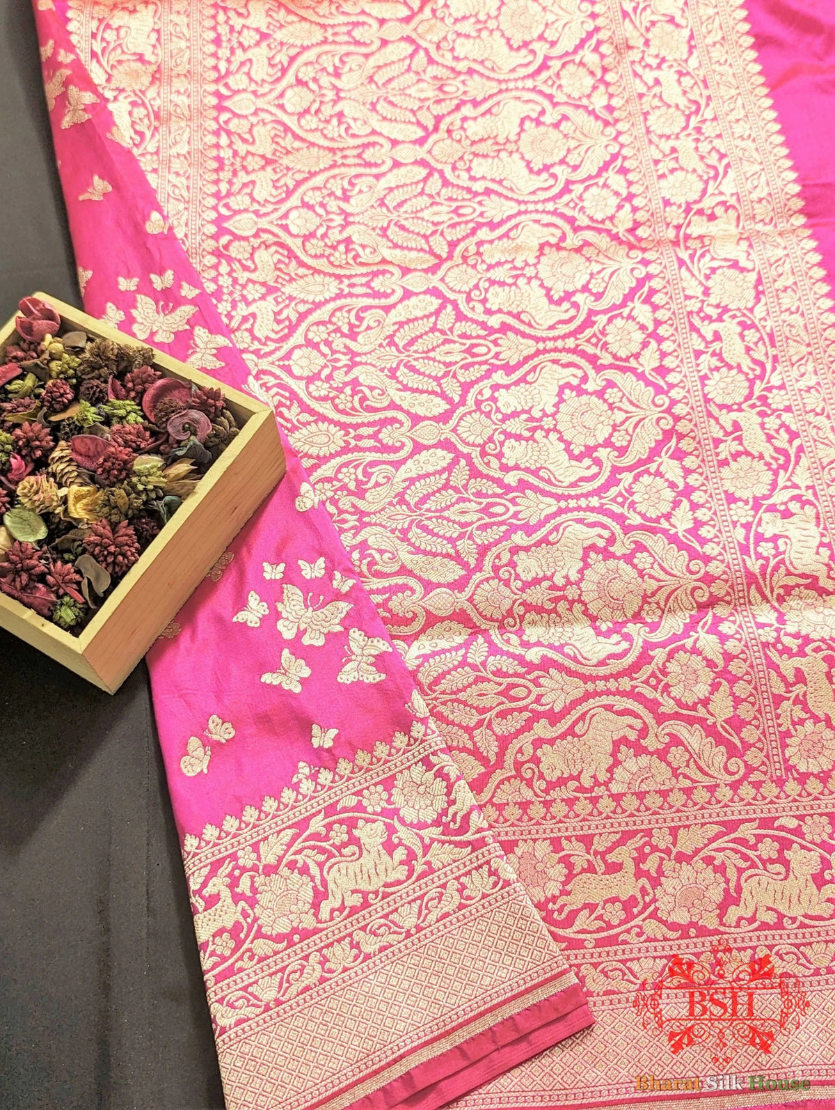 Banarasi Handwoven Katan Silk Butterfly Booti Saree - Bharat Silk House Pure Kataan Silk