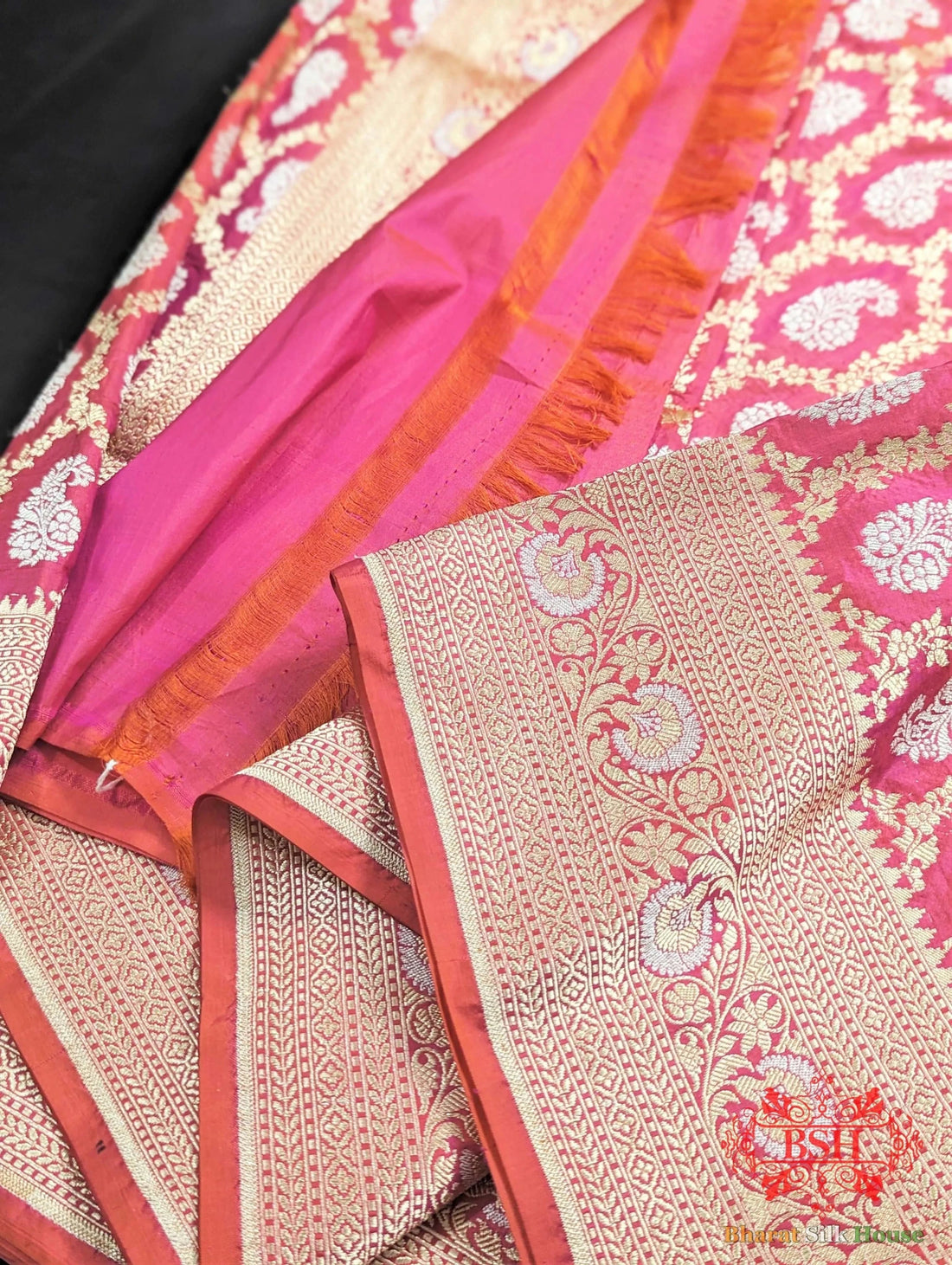 Banarasi Handwoven Katan Silk Saree With Dual Zari Floral Jaal In Shades Of Pink - Bharat Silk House Pure Kataan Silk