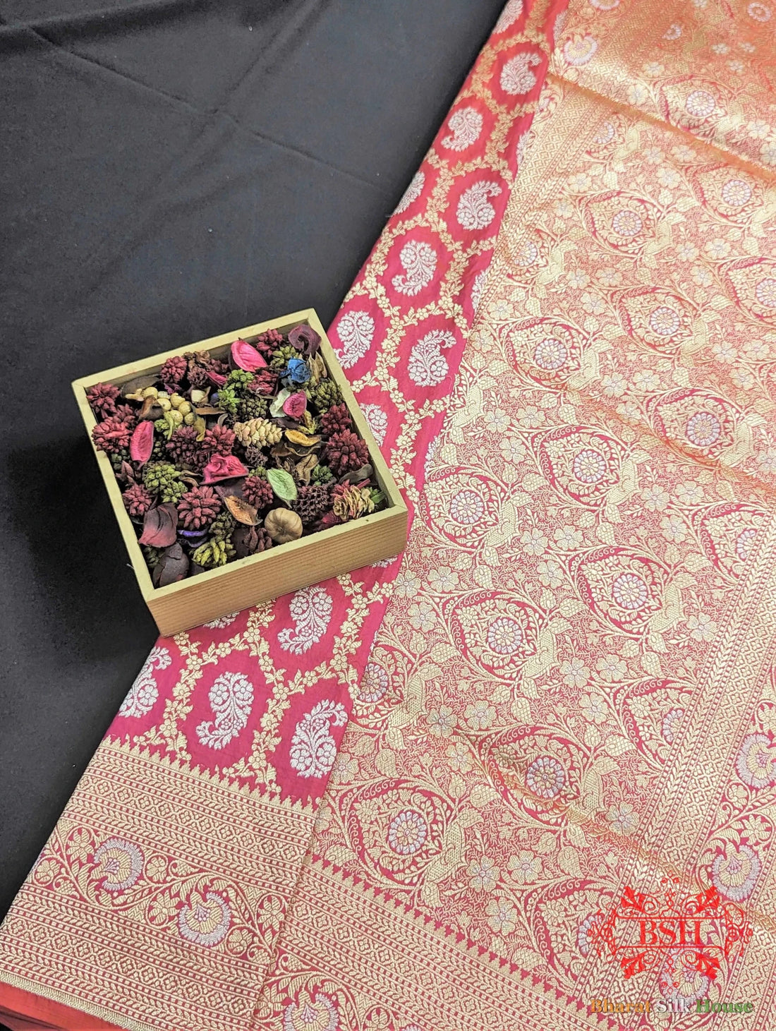 Banarasi Handwoven Katan Silk Saree With Dual Zari Floral Jaal In Shades Of Pink - Bharat Silk House Pure Kataan Silk