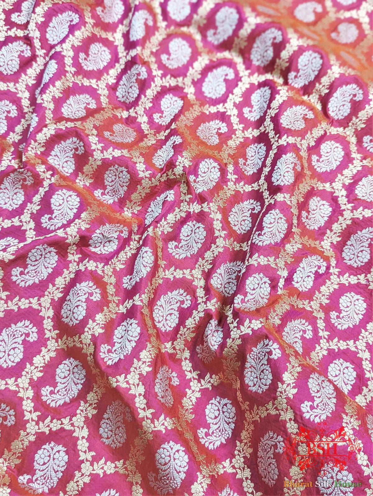 Banarasi Handwoven Katan Silk Saree With Dual Zari Floral Jaal In Shades Of Pink - Bharat Silk House Pure Kataan Silk