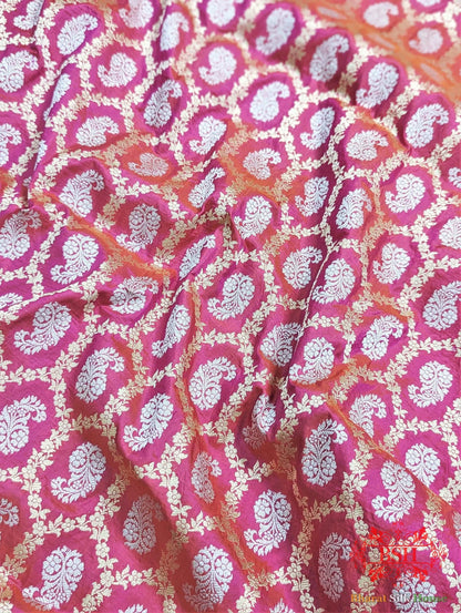 Banarasi Handwoven Katan Silk Saree With Dual Zari Floral Jaal In Shades Of Pink - Bharat Silk House Pure Kataan Silk