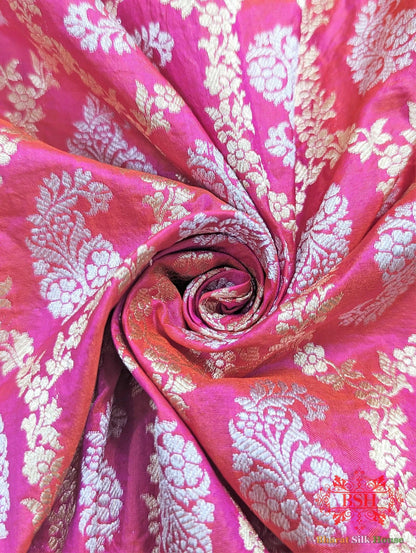 Banarasi Handwoven Katan Silk Saree With Dual Zari Floral Jaal In Shades Of Pink - Bharat Silk House Pure Kataan Silk