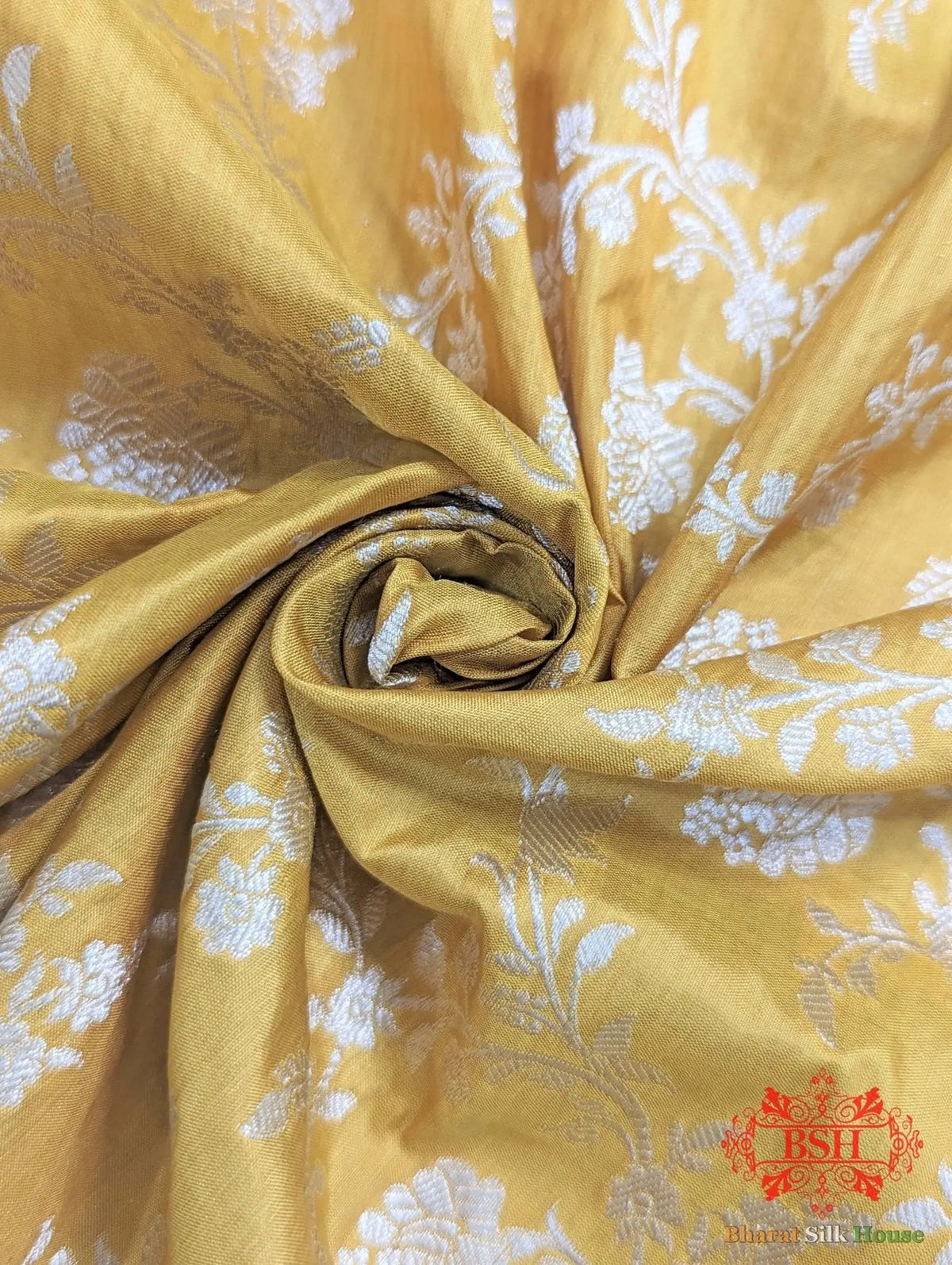 Banarasi Handwoven Katan Silk Saree With Zari Floral Jaal In Shades Of Yellow - Bharat Silk House Pure Kataan Silk
