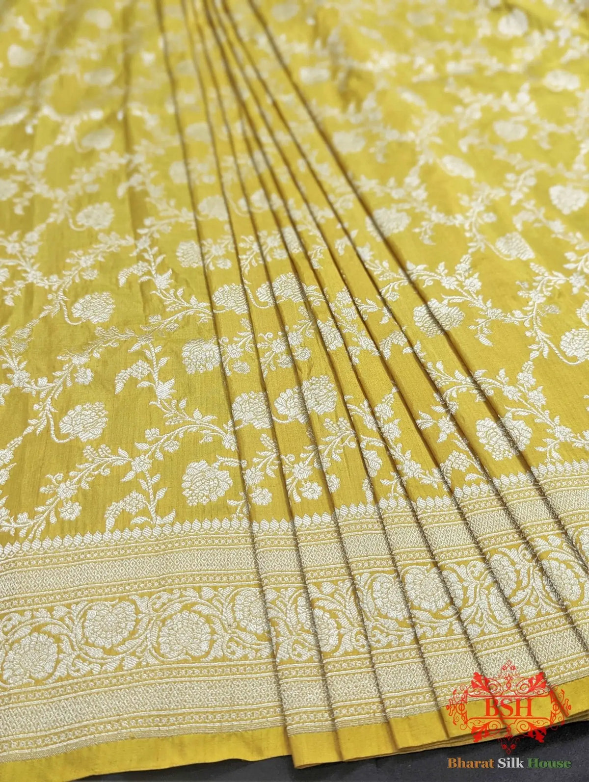 Banarasi Handwoven Katan Silk Saree With Zari Floral Jaal In Shades Of Yellow - Bharat Silk House Pure Kataan Silk