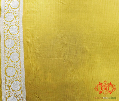 Banarasi Handwoven Katan Silk Saree With Zari Floral Jaal In Shades Of Yellow - Bharat Silk House Pure Kataan Silk