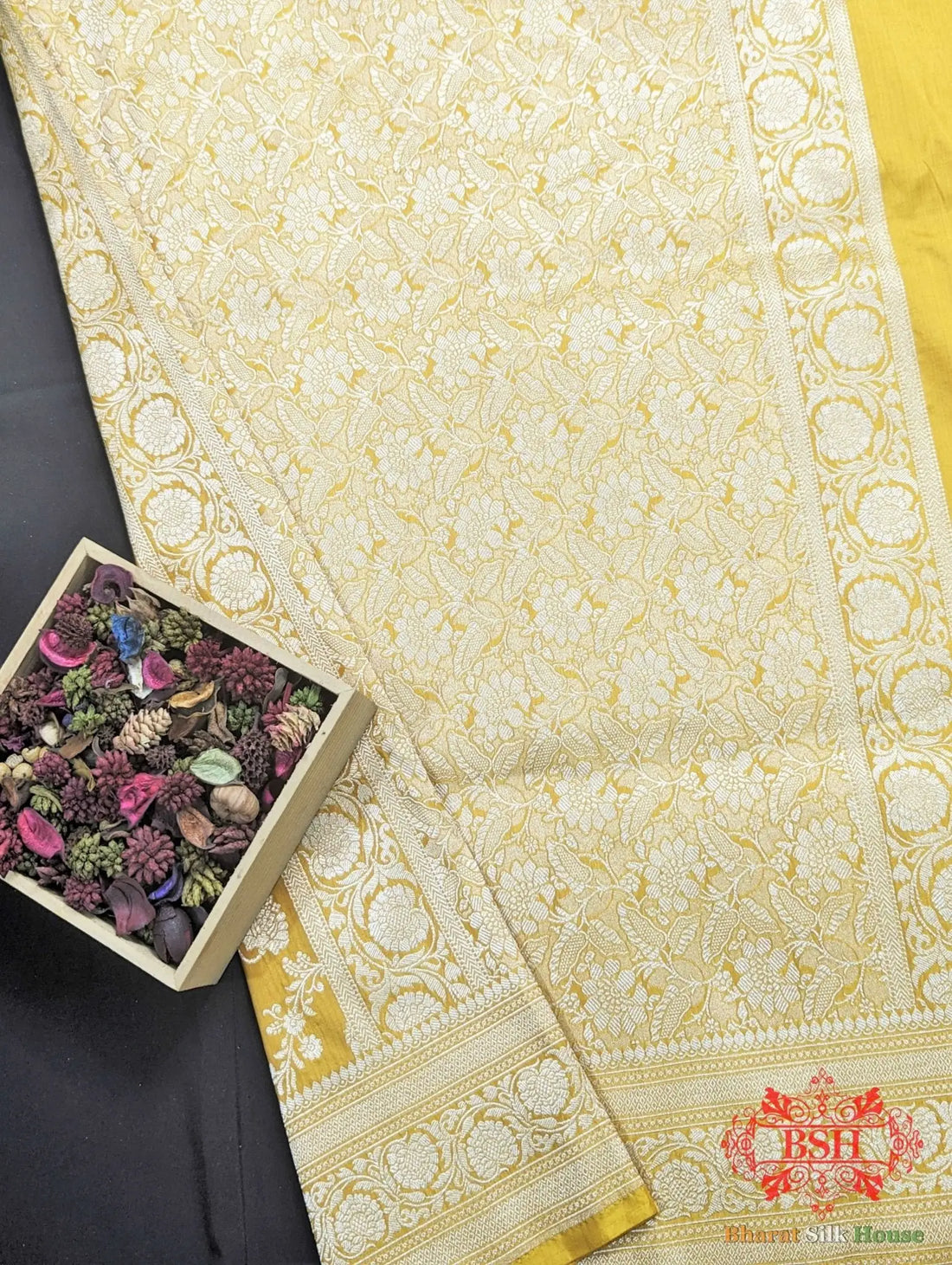 Banarasi Handwoven Katan Silk Saree With Zari Floral Jaal In Shades Of Yellow - Bharat Silk House Pure Kataan Silk