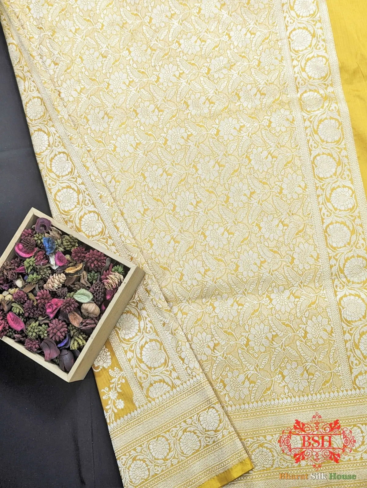 Banarasi Handwoven Katan Silk Saree With Zari Floral Jaal In Shades Of Yellow - Bharat Silk House Pure Kataan Silk