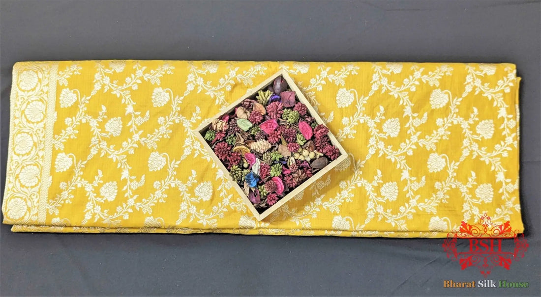 Banarasi Handwoven Katan Silk Saree With Zari Floral Jaal In Shades Of Yellow - Bharat Silk House Pure Kataan Silk