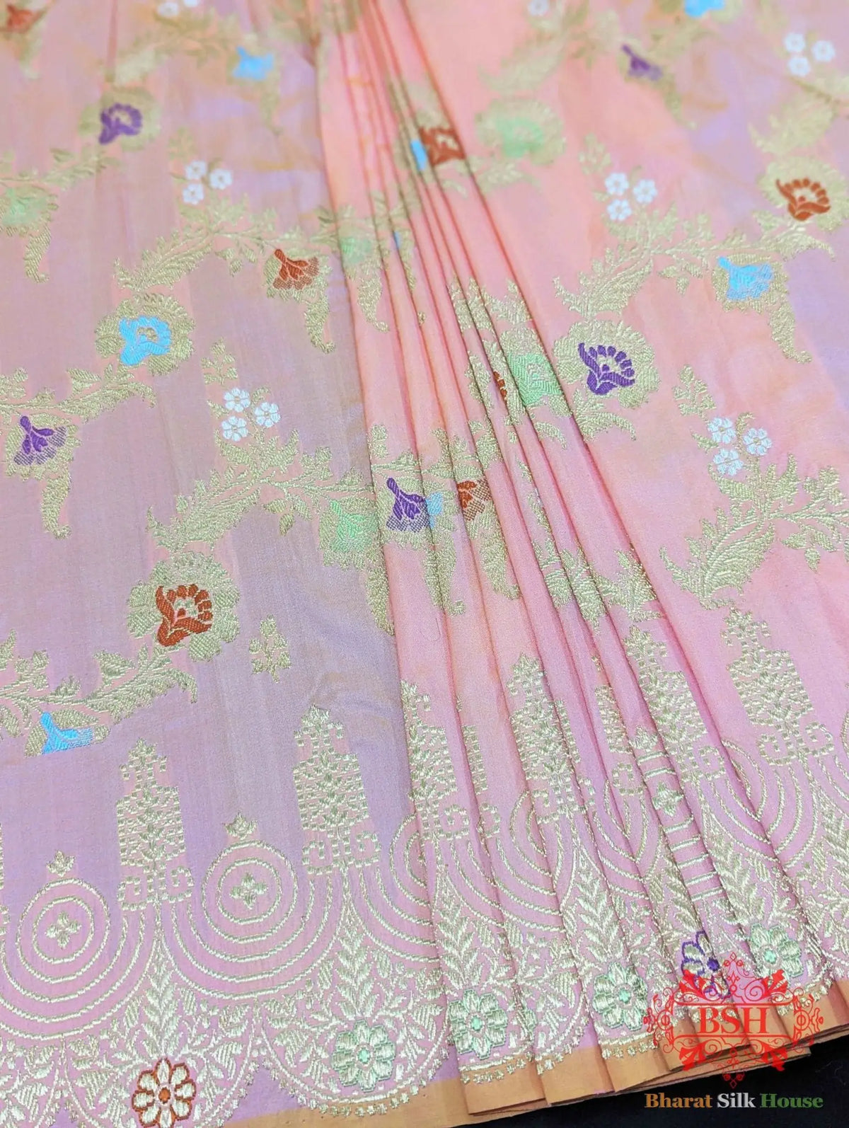 Banarasi Kadhwa Katan Meenakari Seven Color Meena Floral Jaal In Peach Color - Bharat Silk House