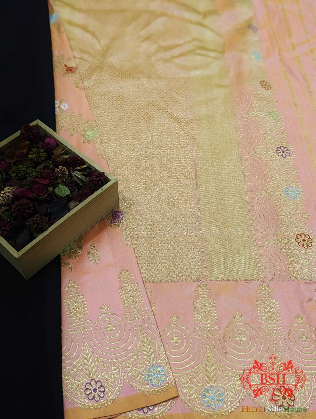 Banarasi Kadhwa Katan Meenakari Seven Color Meena Floral Jaal In Peach Color - Bharat Silk House