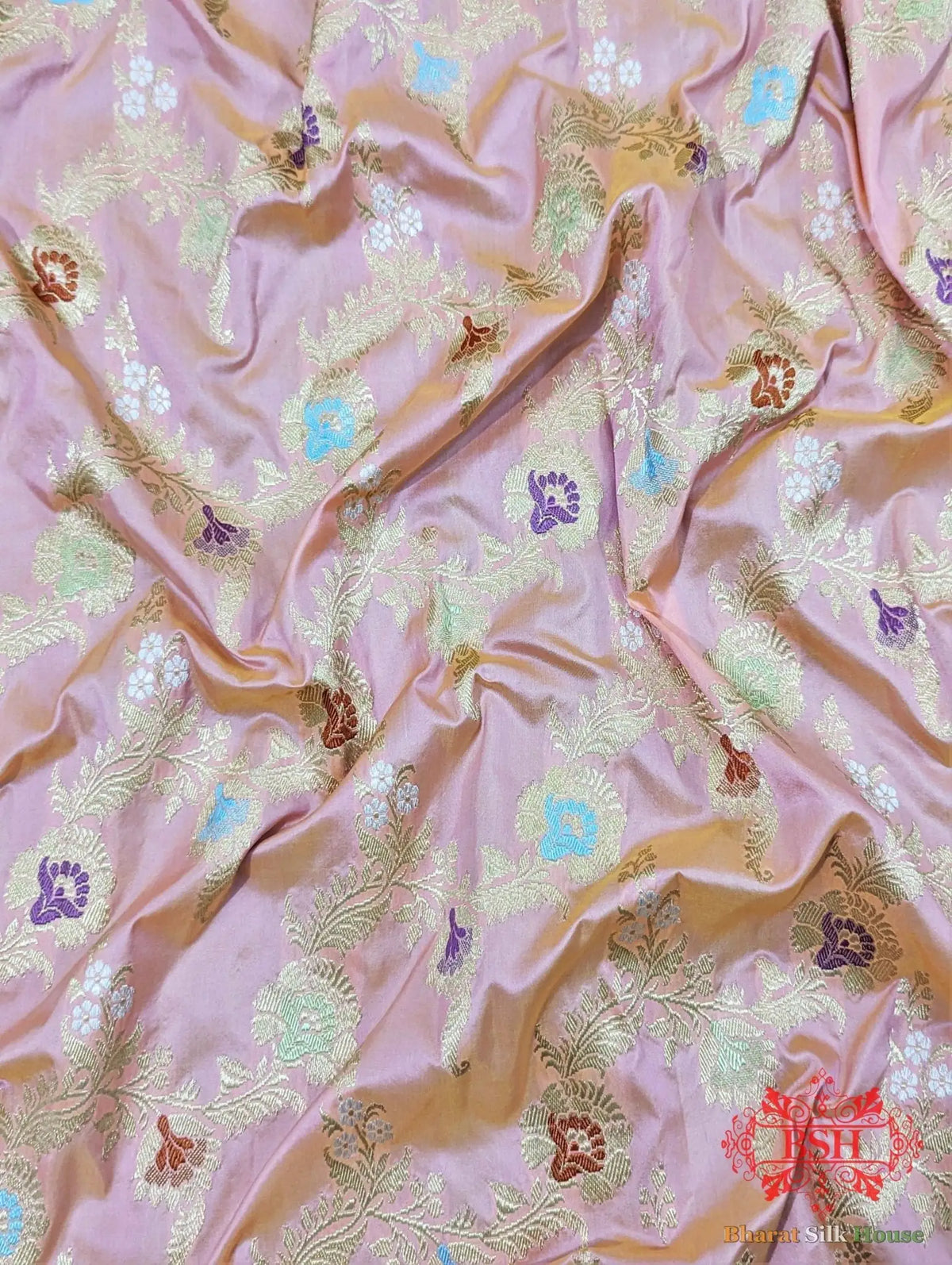 Banarasi Kadhwa Katan Meenakari Seven Color Meena Floral Jaal In Peach Color - Bharat Silk House