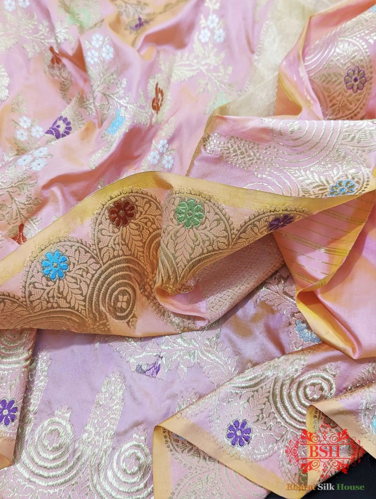 Banarasi Kadhwa Katan Meenakari Seven Color Meena Floral Jaal In Peach Color - Bharat Silk House