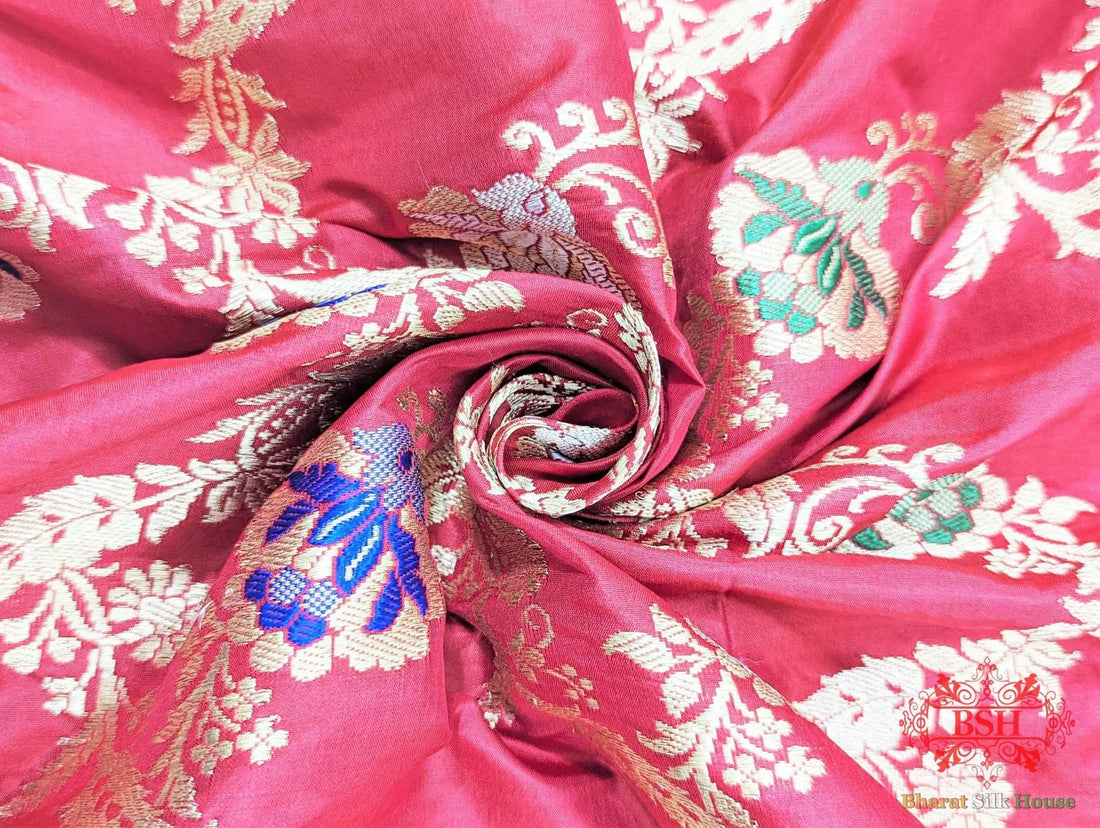 Banarasi Kadhwa Katan Meenakari Seven Color Meena Floral Jaal In Shades Of Red - Bharat Silk House Pure Kataan Silk