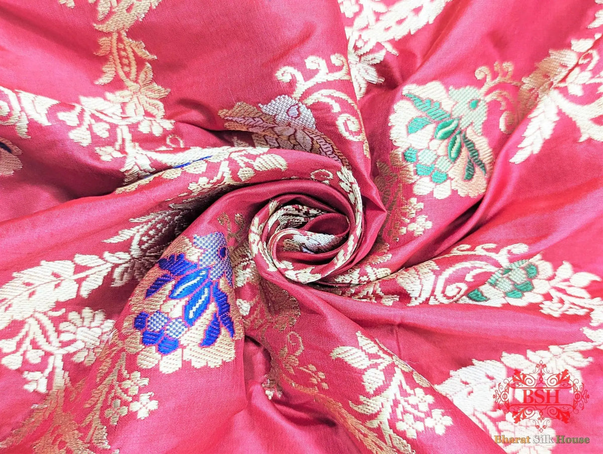 Banarasi Kadhwa Katan Meenakari Seven Color Meena Floral Jaal In Shades Of Red - Bharat Silk House Pure Kataan Silk