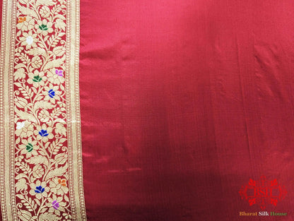 Banarasi Kadhwa Katan Meenakari Seven Color Meena Floral Jaal In Shades Of Red - Bharat Silk House Pure Kataan Silk