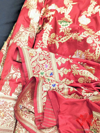 Banarasi Kadhwa Katan Meenakari Seven Color Meena Floral Jaal In Shades Of Red - Bharat Silk House Pure Kataan Silk
