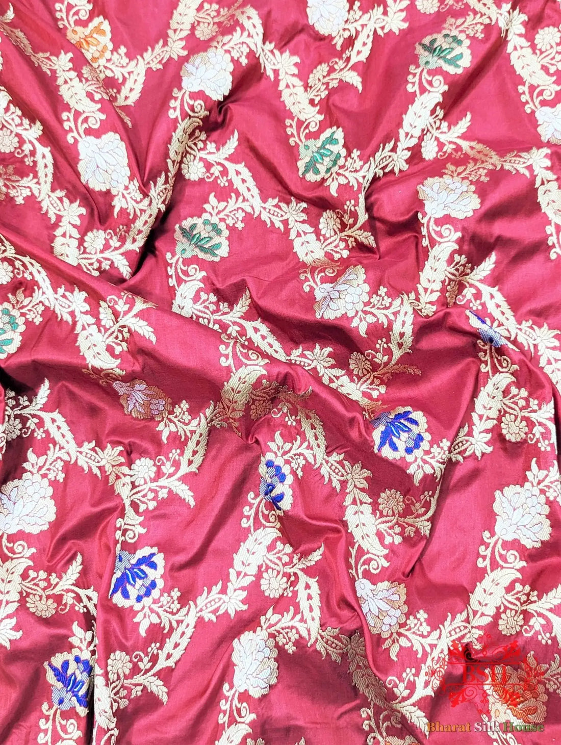 Banarasi Kadhwa Katan Meenakari Seven Color Meena Floral Jaal In Shades Of Red - Bharat Silk House Pure Kataan Silk
