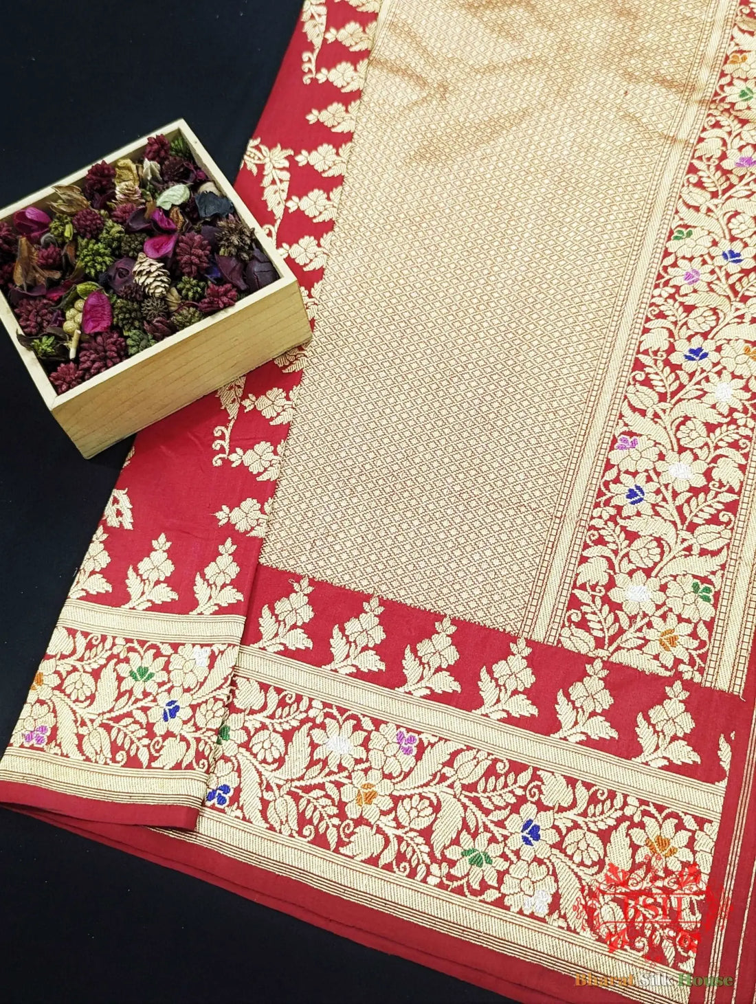 Banarasi Kadhwa Katan Meenakari Seven Color Meena Floral Jaal In Shades Of Red - Bharat Silk House Pure Kataan Silk