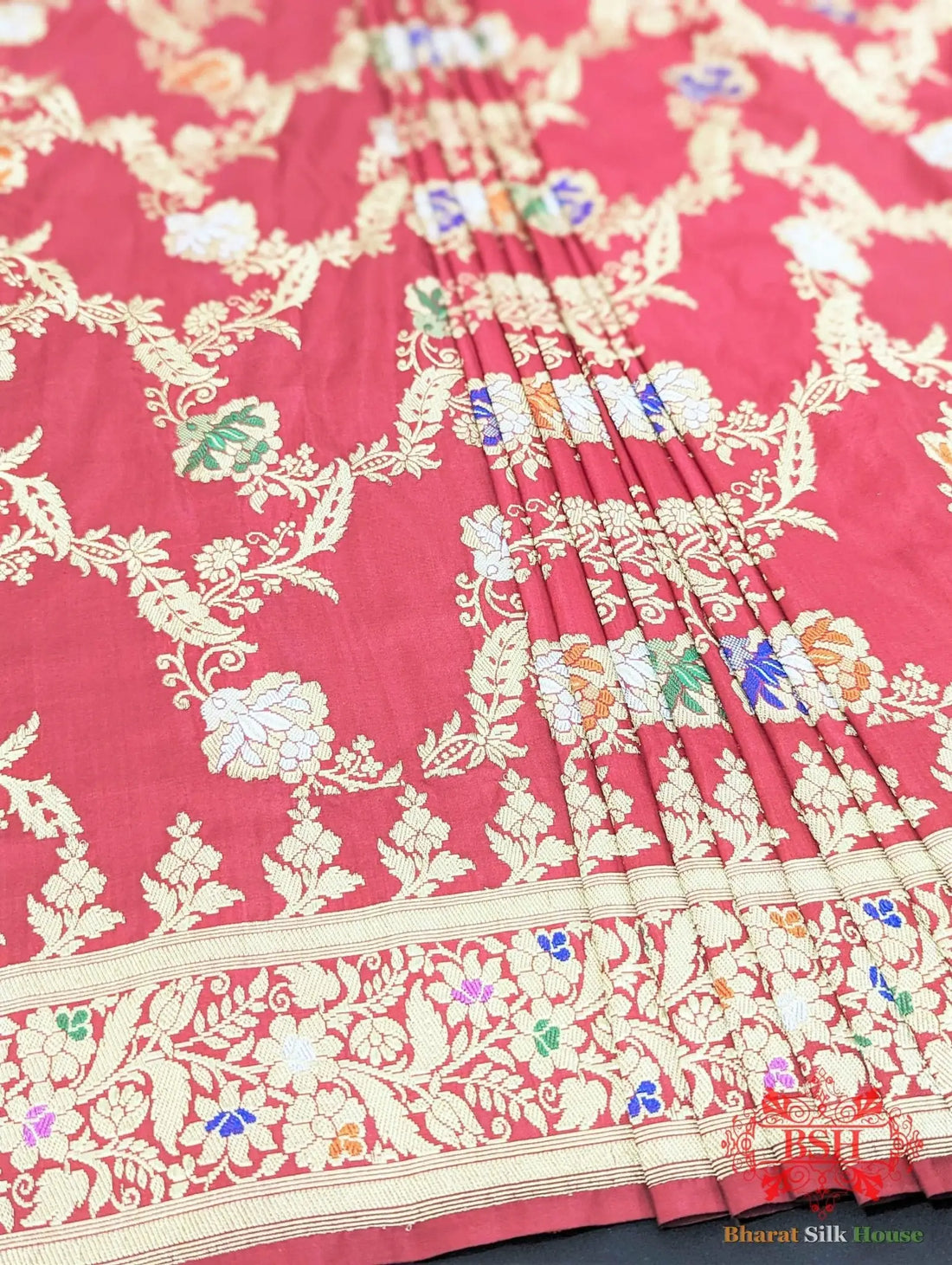 Banarasi Kadhwa Katan Meenakari Seven Color Meena Floral Jaal In Shades Of Red - Bharat Silk House Pure Kataan Silk