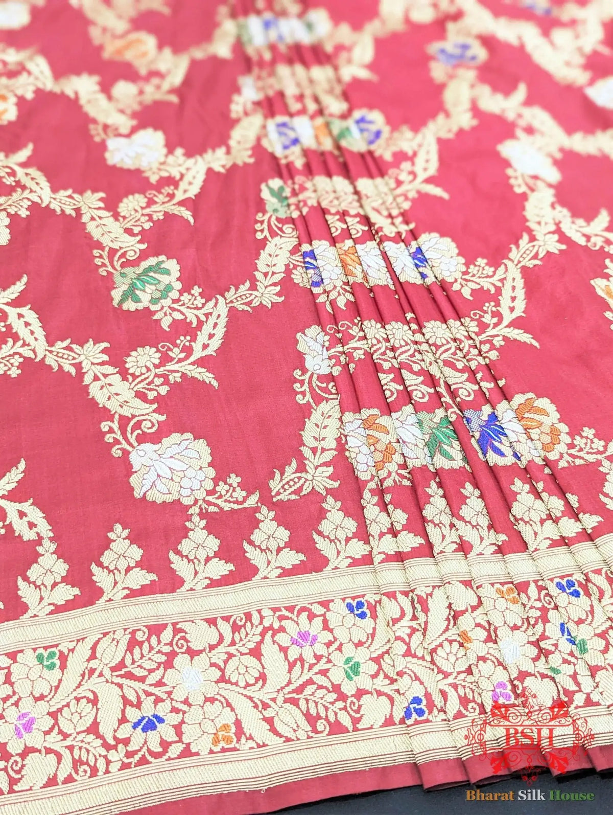 Banarasi Kadhwa Katan Meenakari Seven Color Meena Floral Jaal In Shades Of Red - Bharat Silk House Pure Kataan Silk