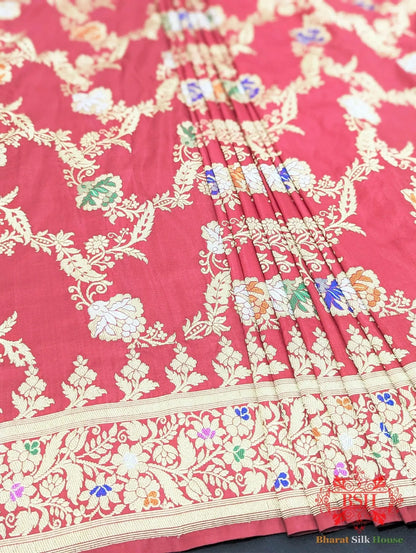 Banarasi Kadhwa Katan Meenakari Seven Color Meena Floral Jaal In Shades Of Red - Bharat Silk House Pure Kataan Silk