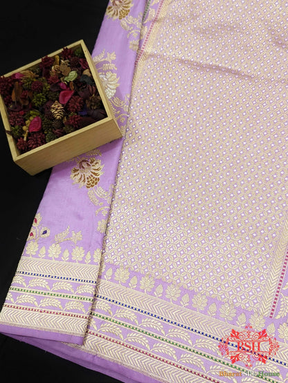 Banarasi Kadhwa Pure Katan Meenakari Seven Color Meena Floral Jaal In Shades Of Mauve - Bharat Silk House Pure Kataan Silk