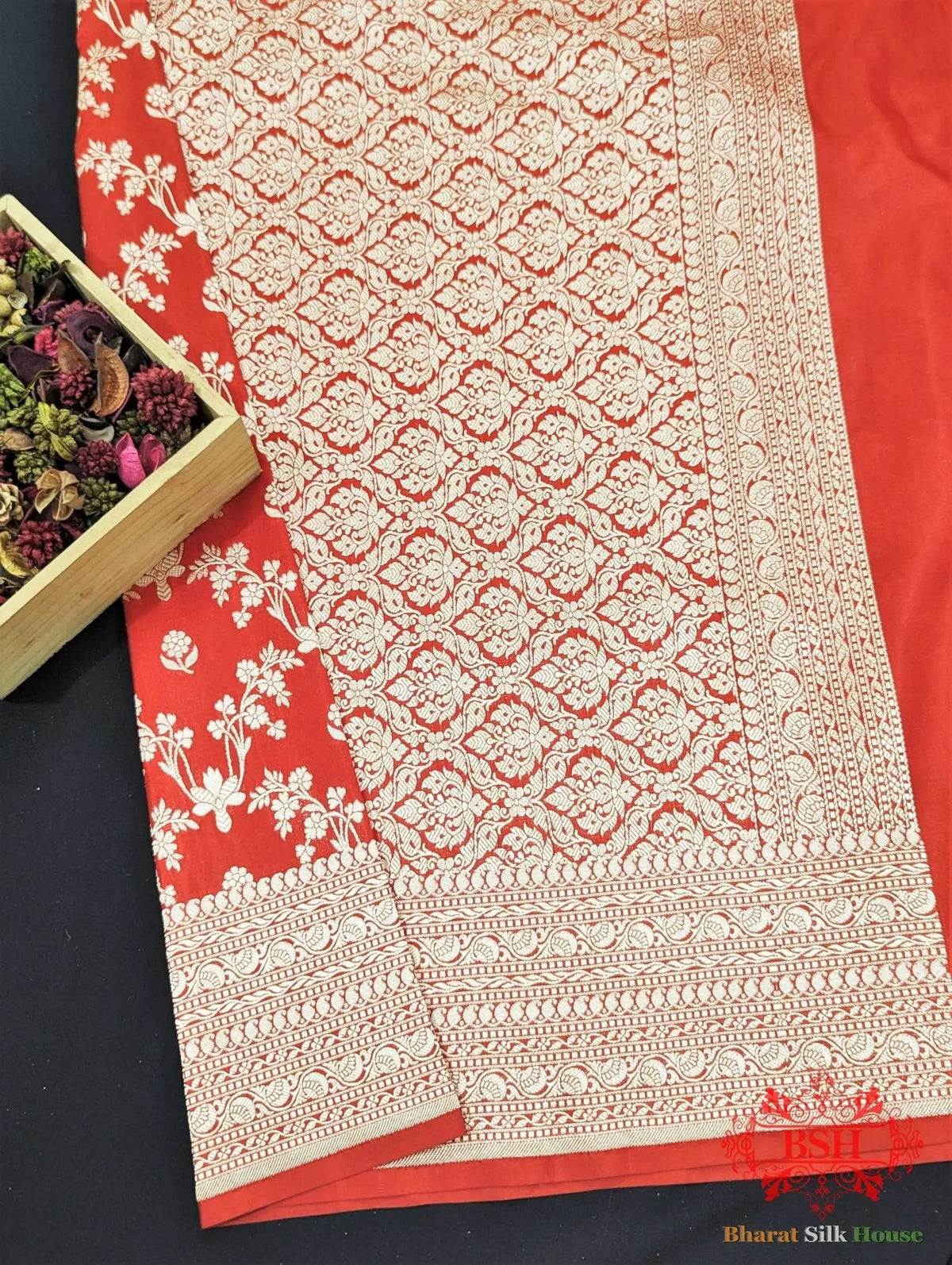 Banarasi Pure Katan Silk Opara Floral Jaal In Shades Of Red - Bharat Silk House Pure Kataan Silk