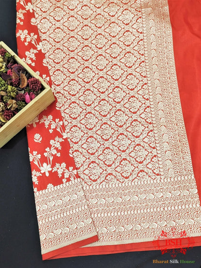 Banarasi Pure Katan Silk Opara Floral Jaal In Shades Of Red - Bharat Silk House Pure Kataan Silk
