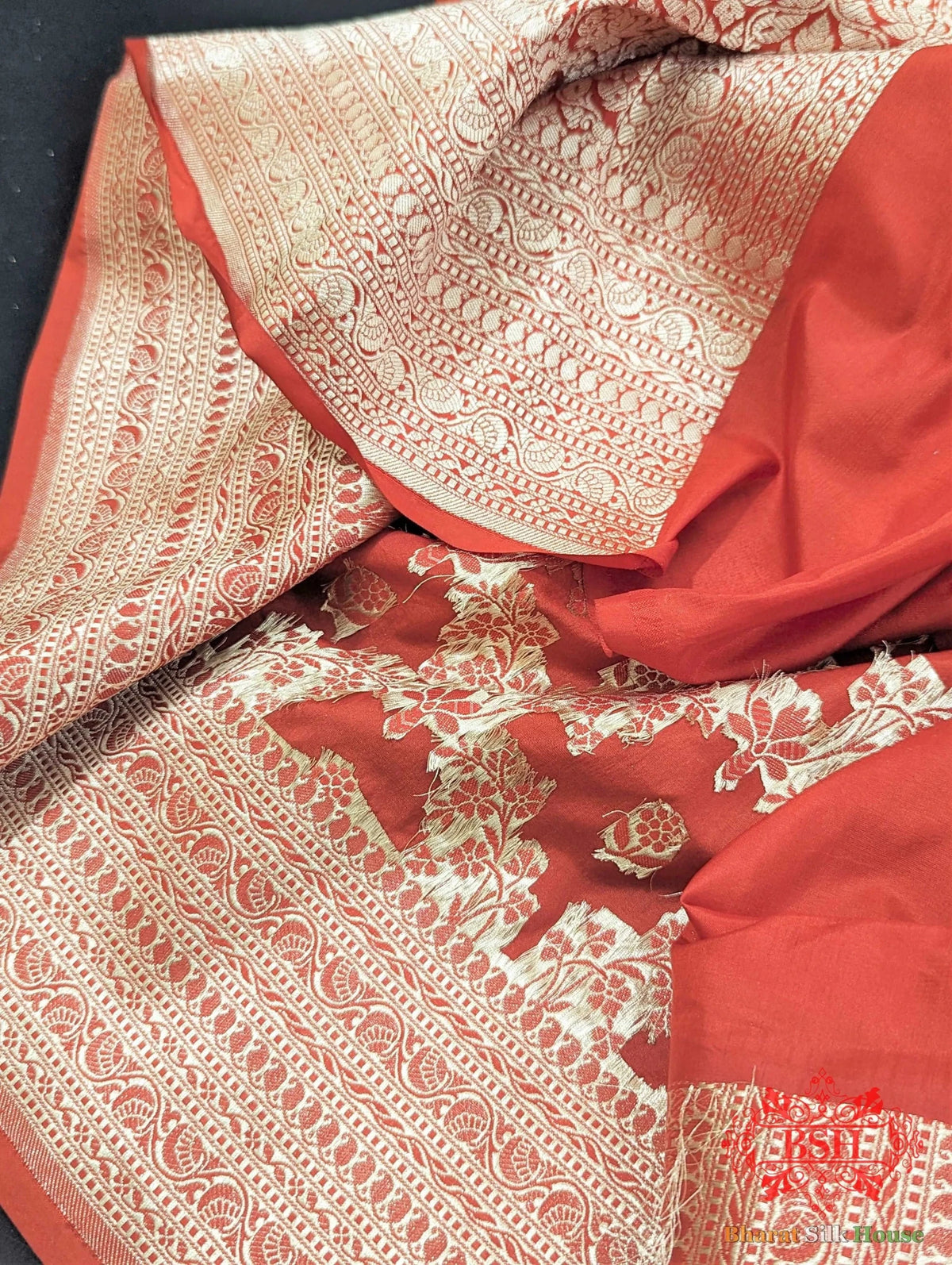 Banarasi Pure Katan Silk Opara Floral Jaal In Shades Of Red - Bharat Silk House Pure Kataan Silk
