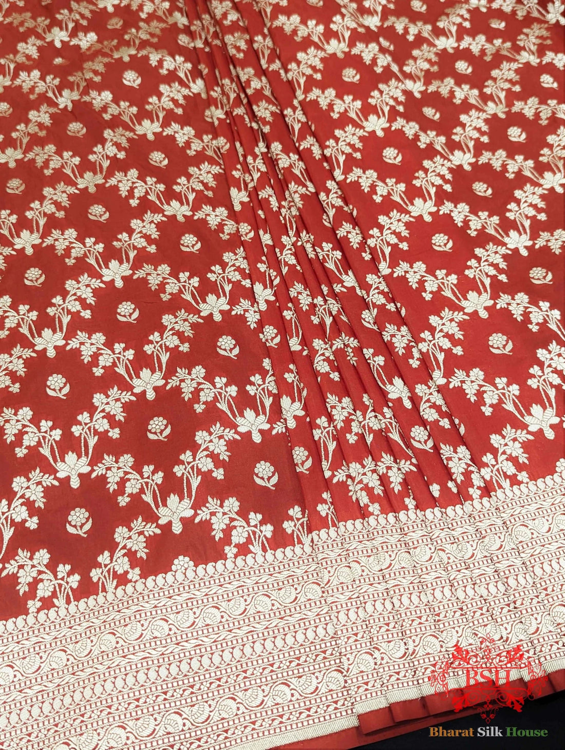 Banarasi Pure Katan Silk Opara Floral Jaal In Shades Of Red - Bharat Silk House Pure Kataan Silk