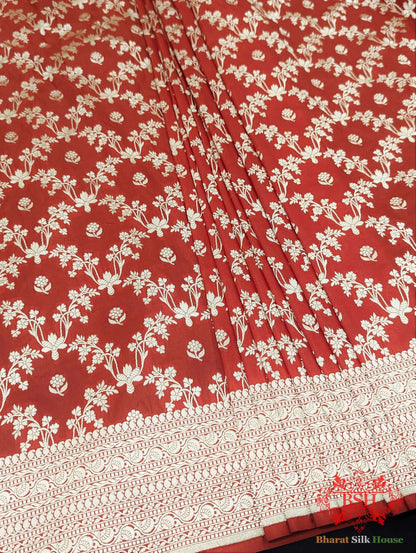 Banarasi Pure Katan Silk Opara Floral Jaal In Shades Of Red - Bharat Silk House Pure Kataan Silk
