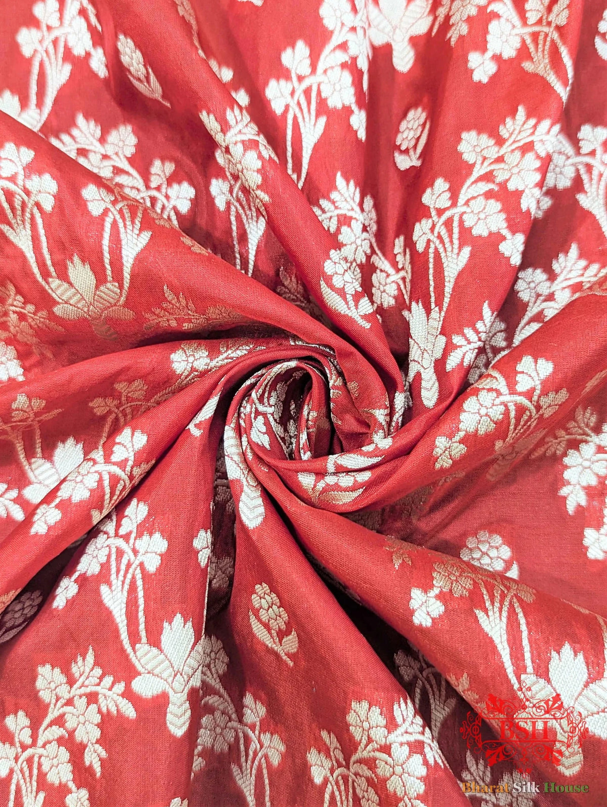 Banarasi Pure Katan Silk Opara Floral Jaal In Shades Of Red - Bharat Silk House Pure Kataan Silk