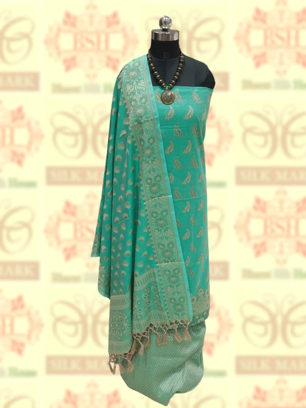 Banarasi Unstitched Suitset Cotton Silk Resham Buti Woven - Bharat Silk House Banarasi Cotton