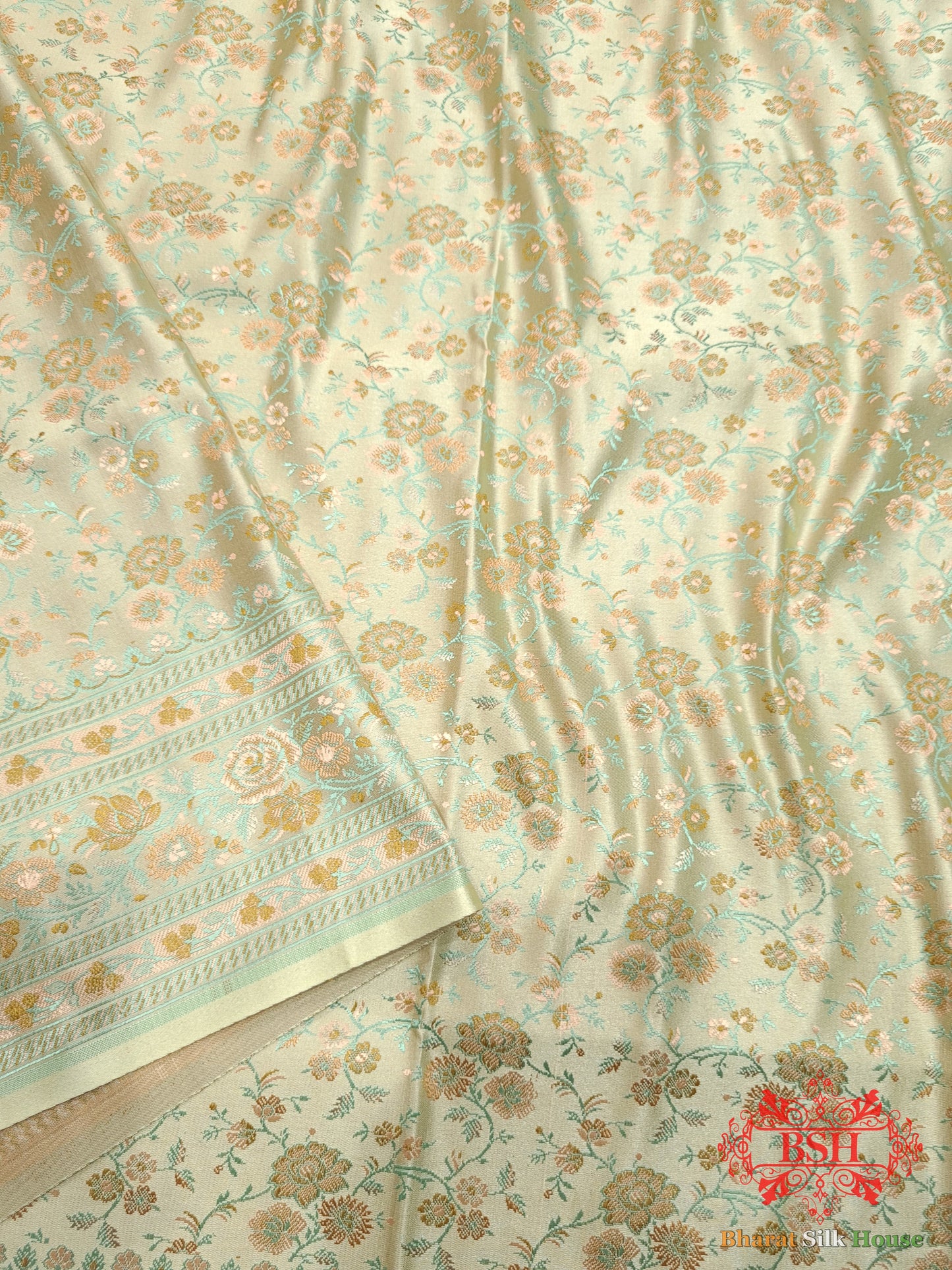 Beige Chauthera (Four Color) Resham Zari Tanchoi Katan Silk Saree - Bharat Silk House