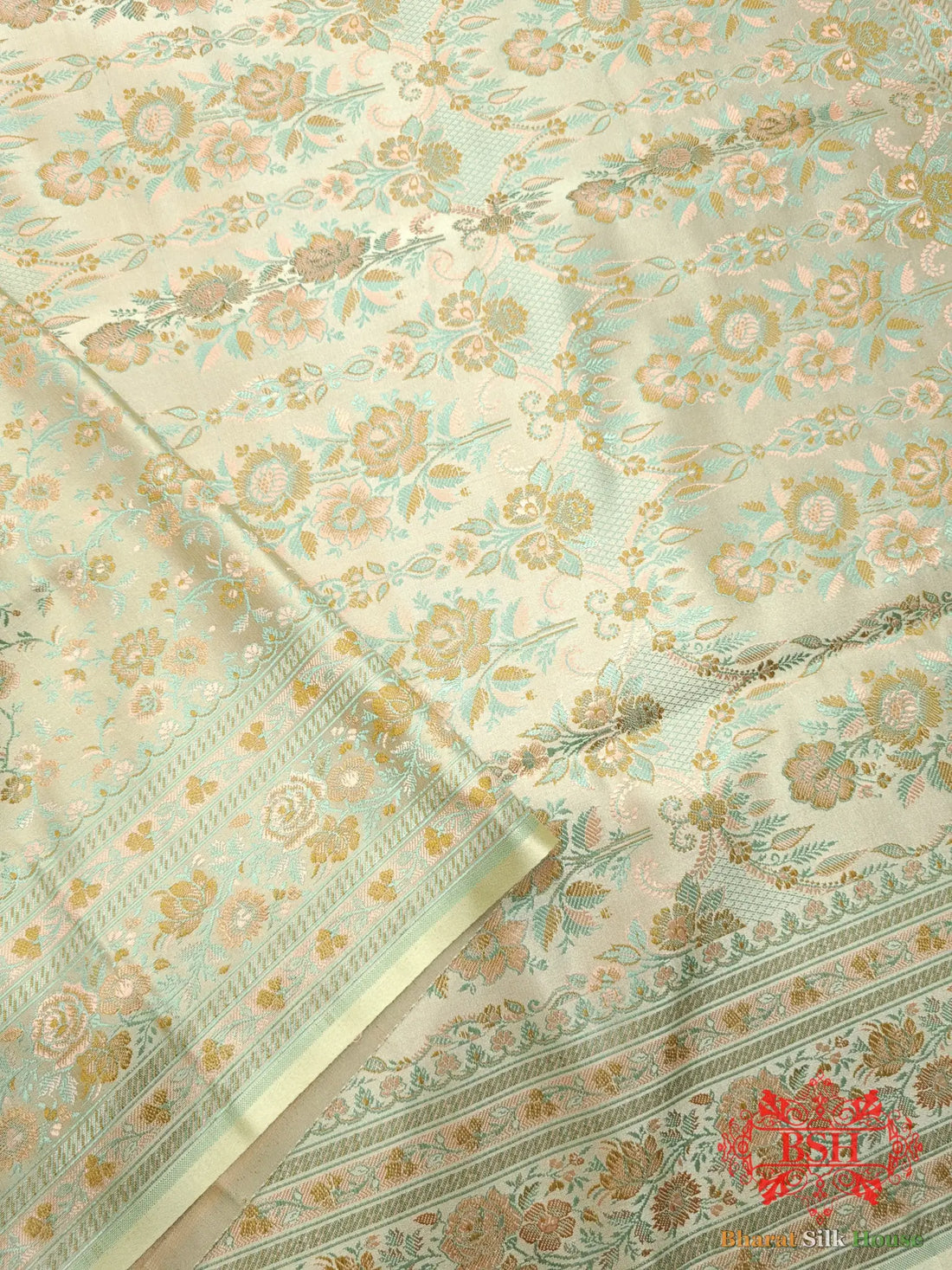 Beige Chauthera (Four Color) Resham Zari Tanchoi Katan Silk Saree - Bharat Silk House Tanchoi katan