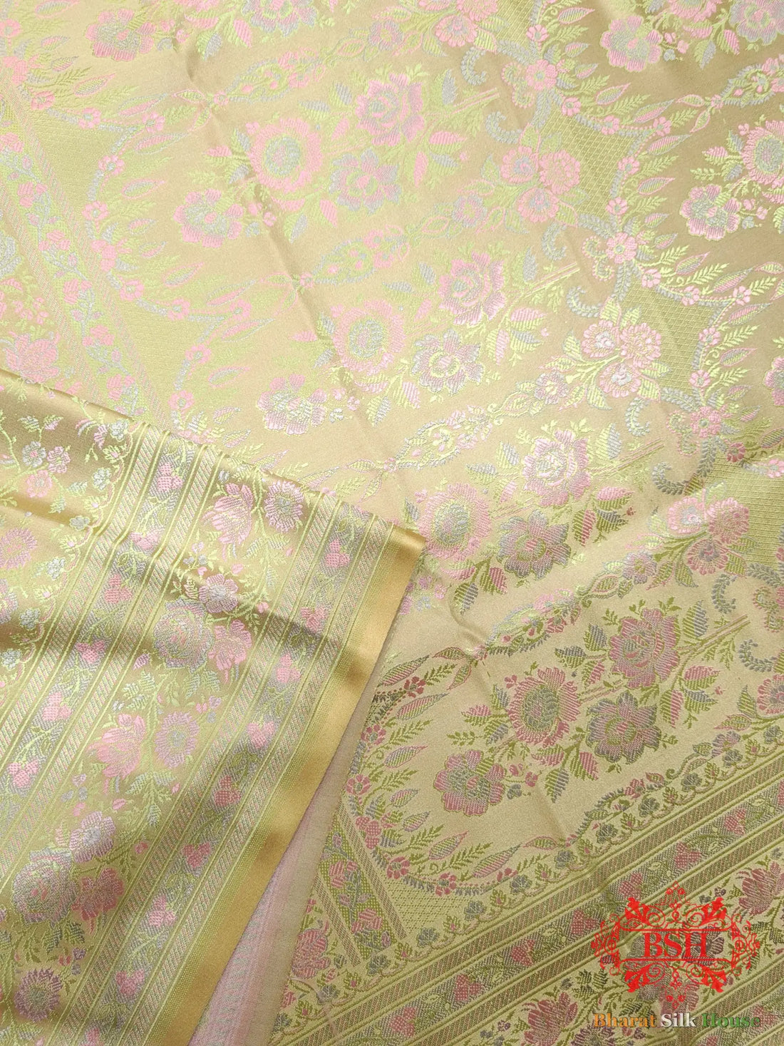 Beige Chauthera (Four Color) Resham Zari Tanchoi Katan Silk Saree - Bharat Silk House Tanchoi katan