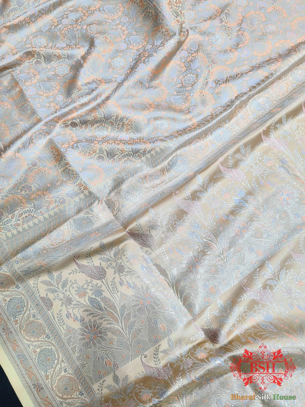 Beige Dohri Resham Zari Booti Tanchoi Silk Saree - Bharat Silk House Tanchoi katan