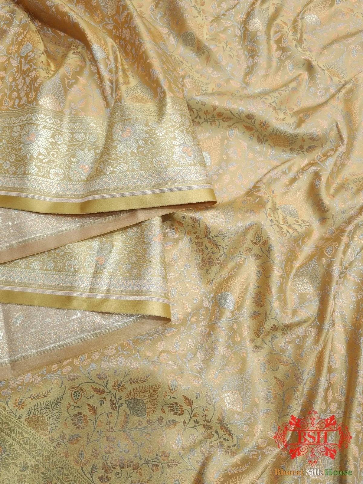Beige Dohri Resham Zari Booti Tanchoi Silk Saree - Bharat Silk House Tanchoi katan