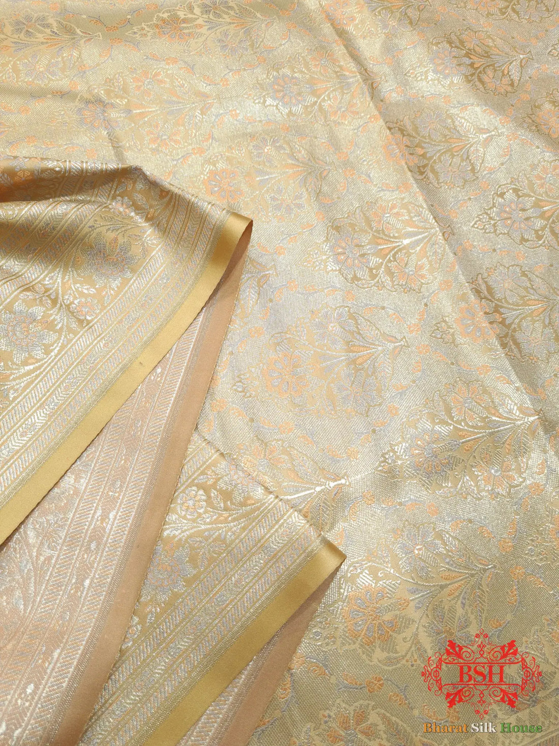 Beige Dohri Resham Zari Booti Tanchoi Silk Saree - Bharat Silk House Tanchoi katan