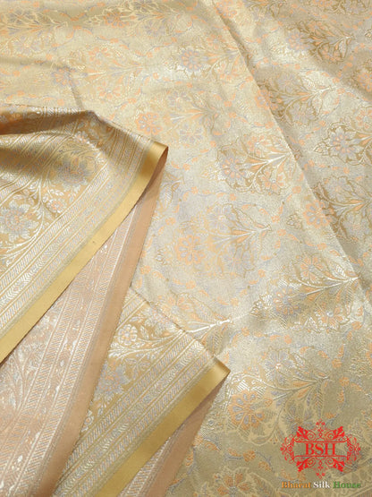 Beige Dohri Resham Zari Booti Tanchoi Silk Saree - Bharat Silk House Tanchoi katan