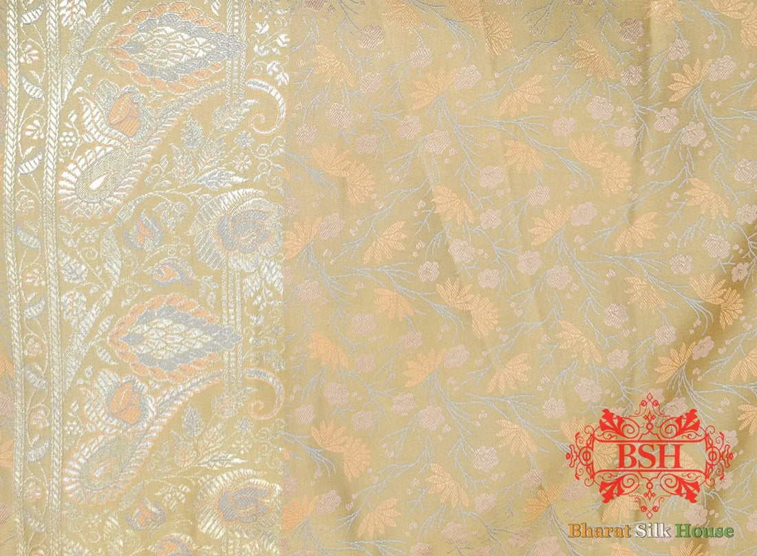 Beige Dohri Resham Zari Booti Tanchoi Silk Saree - Bharat Silk House Tanchoi katan