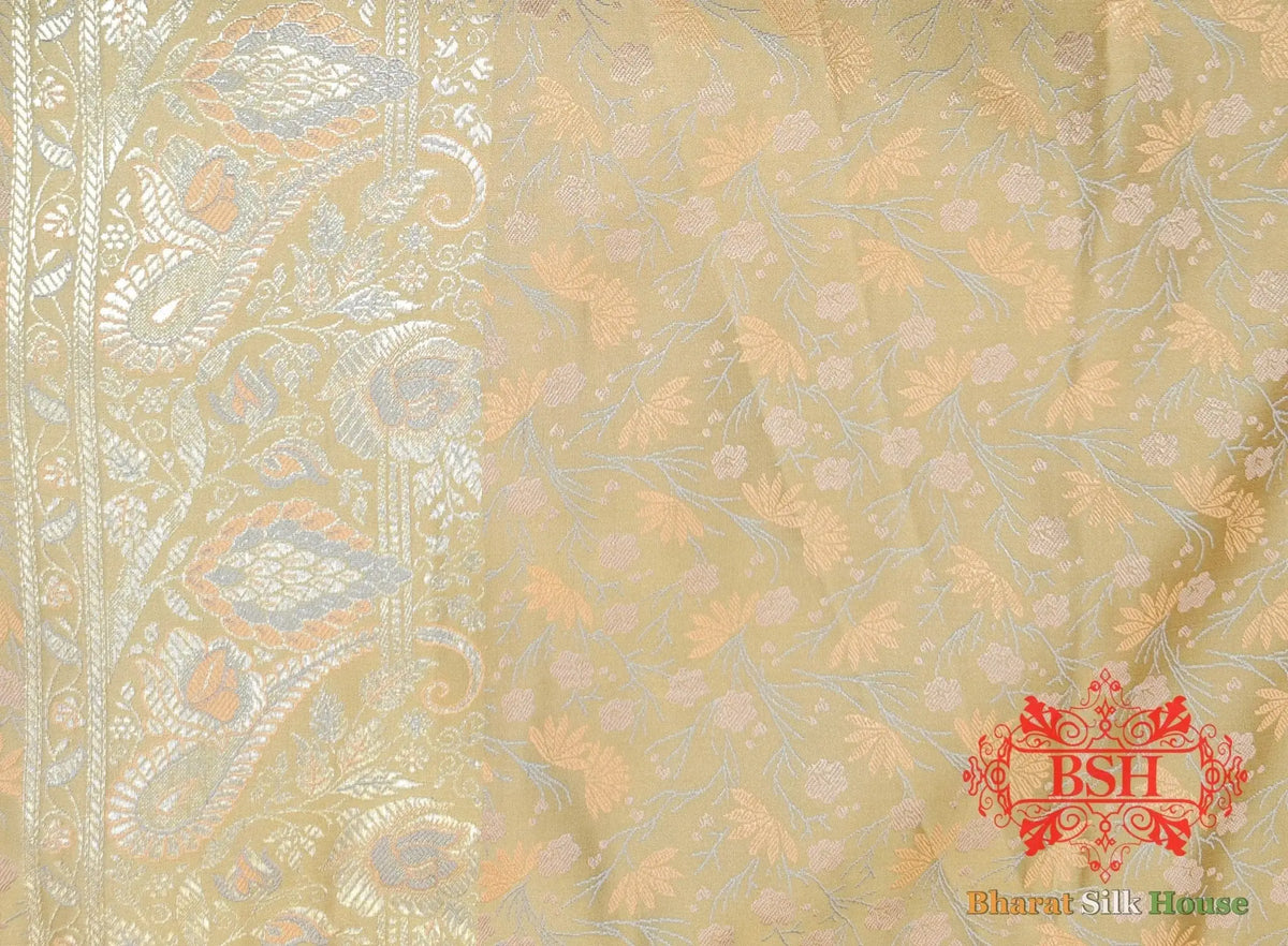 Beige Dohri Resham Zari Booti Tanchoi Silk Saree - Bharat Silk House Tanchoi katan