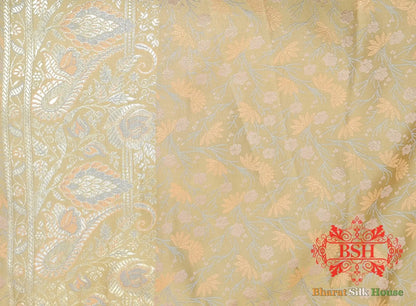Beige Dohri Resham Zari Booti Tanchoi Silk Saree - Bharat Silk House Tanchoi katan