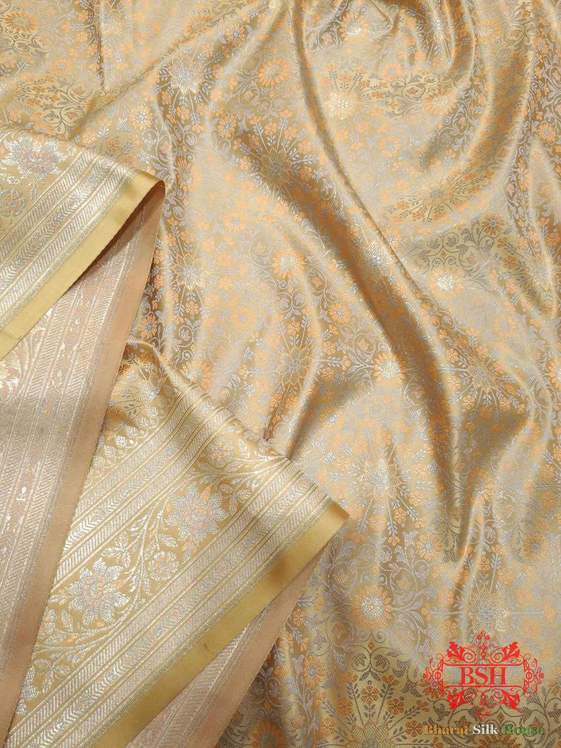 Beige Dohri Resham Zari Booti Tanchoi Silk Saree - Bharat Silk House Tanchoi katan