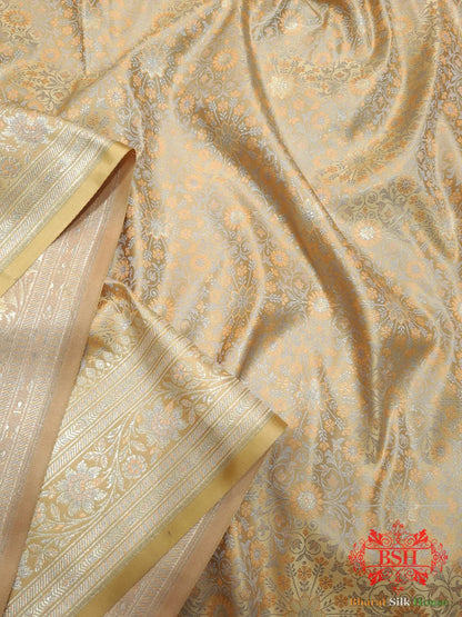 Beige Dohri Resham Zari Booti Tanchoi Silk Saree - Bharat Silk House Tanchoi katan
